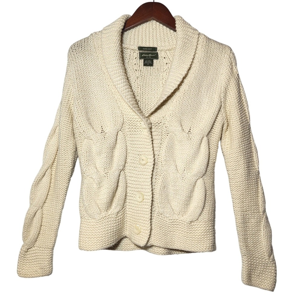 Eddie Bauer Womens Cream Hand Knit Wool Blend Shawl Collar Cable Cardigan Medium